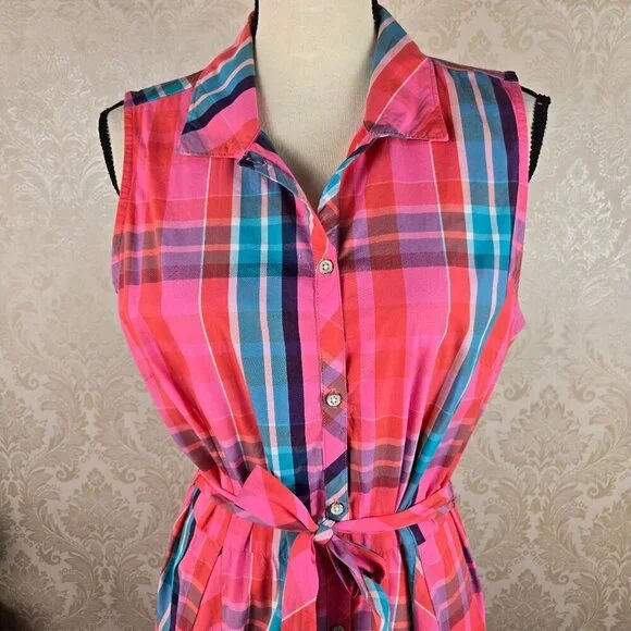 Tommy Hilfiger Size Large Pink Plaid Shirt Dress Button Front Sleevless Cotton - Picture 2 of 12